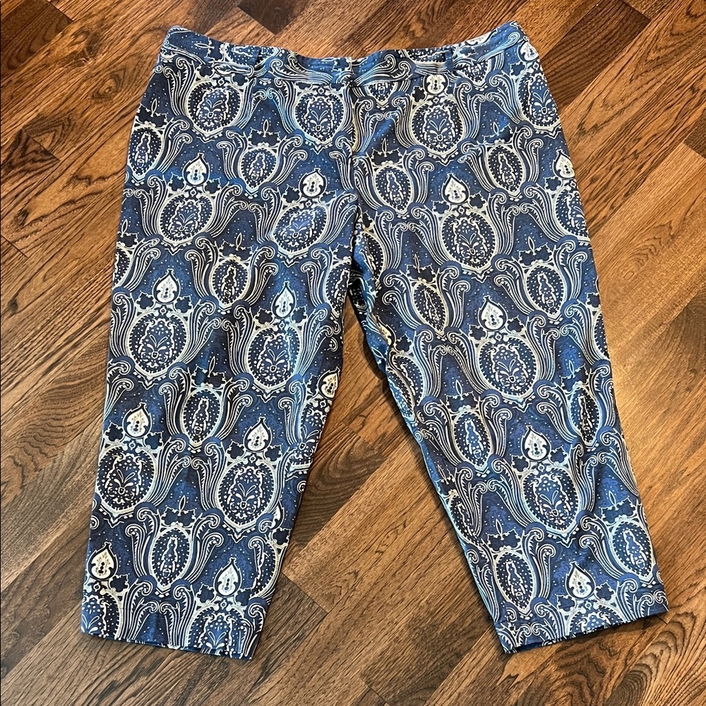 Talbots Blue and White Paisley Flat Front Pants